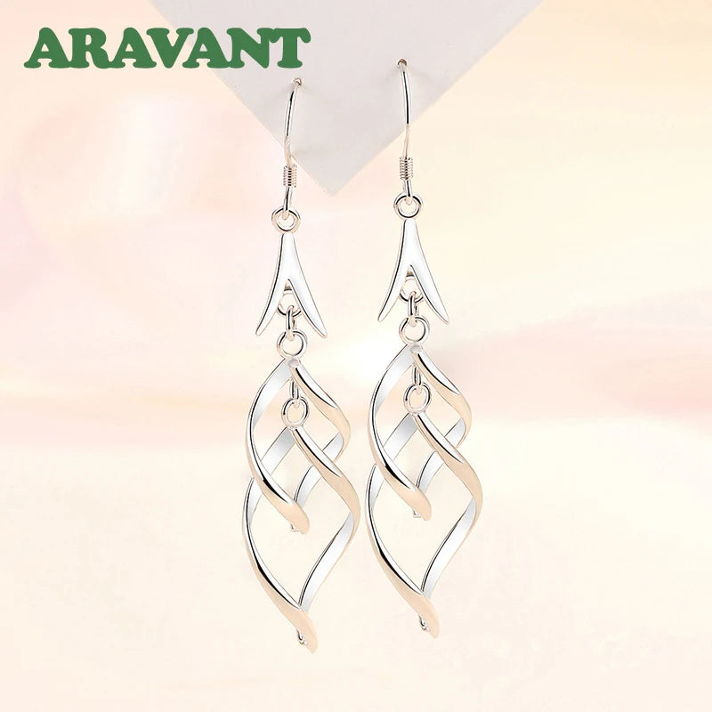 Elegant 925 Sterling Silver Hollow Long Drop Earrings
