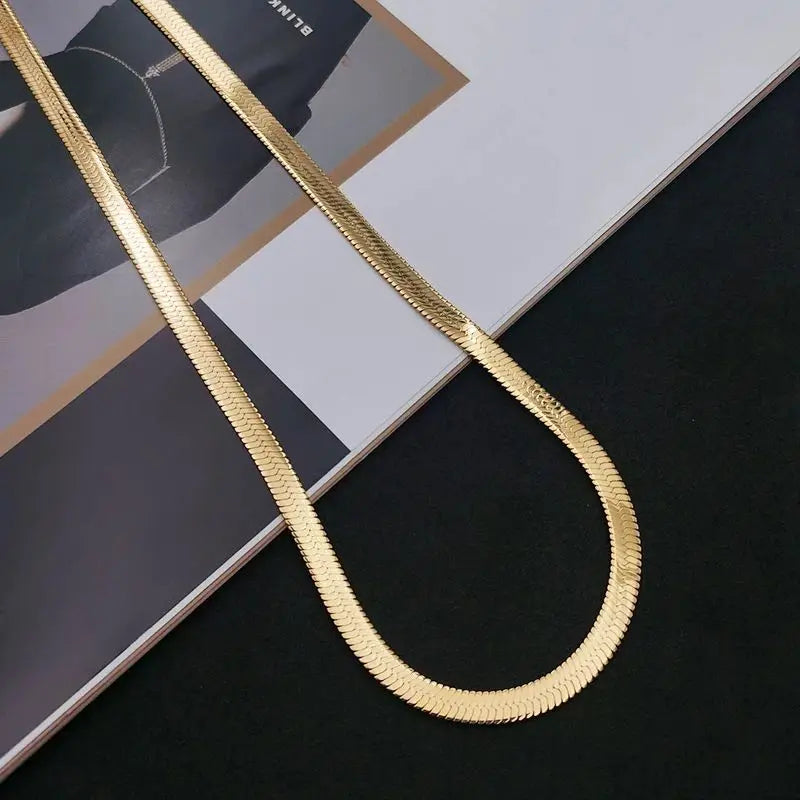 The "Liquid Gold" 4MM Flat Chain Necklace – Premium Herringbone Clavicle Choker