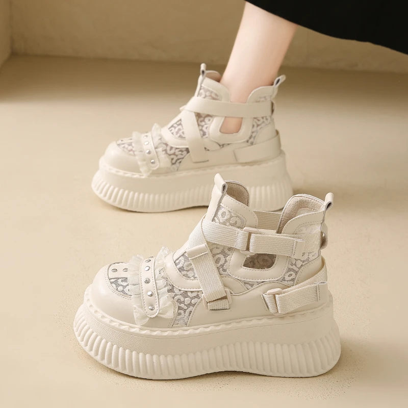 Elegant Platform Leather Sneakers - Buckle Detail