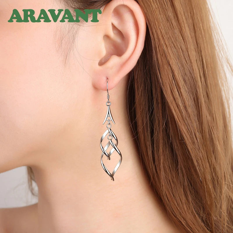 Elegant 925 Sterling Silver Hollow Long Drop Earrings