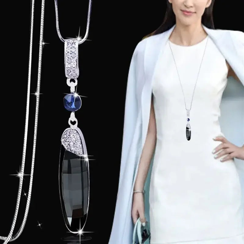 Vintage Ethnic Ocean Blue Crystal Long Pendant Necklace