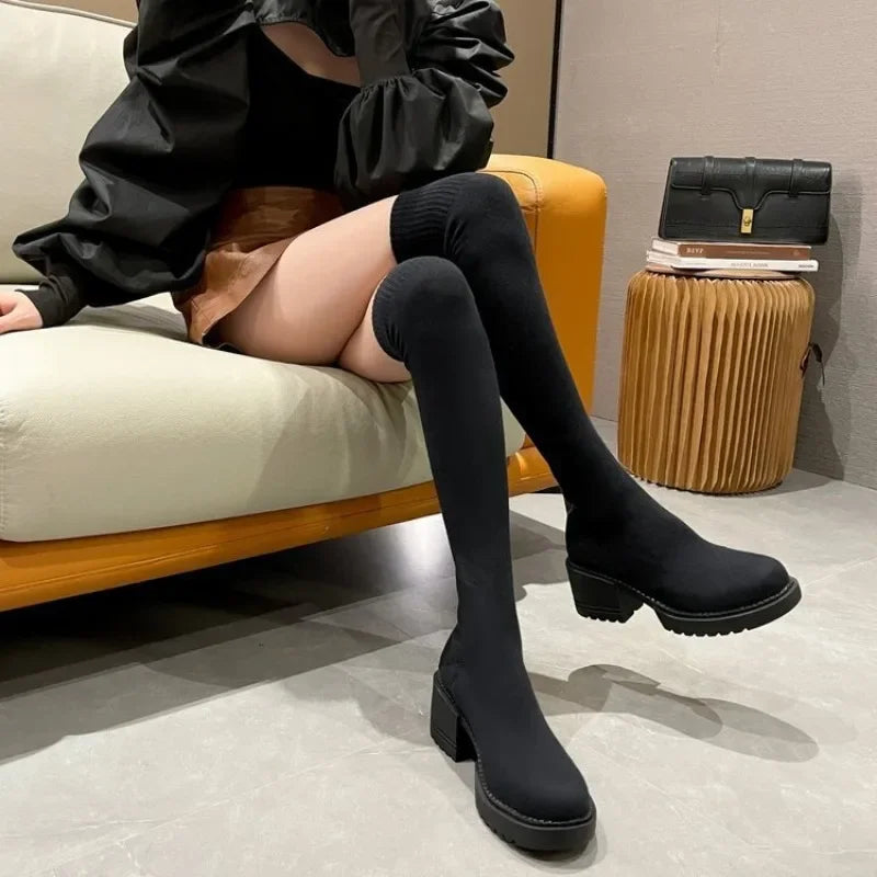 Women's Over-the-Knee Platform Boots - Elastic Stretch Winter Cowboy-Style Boots
