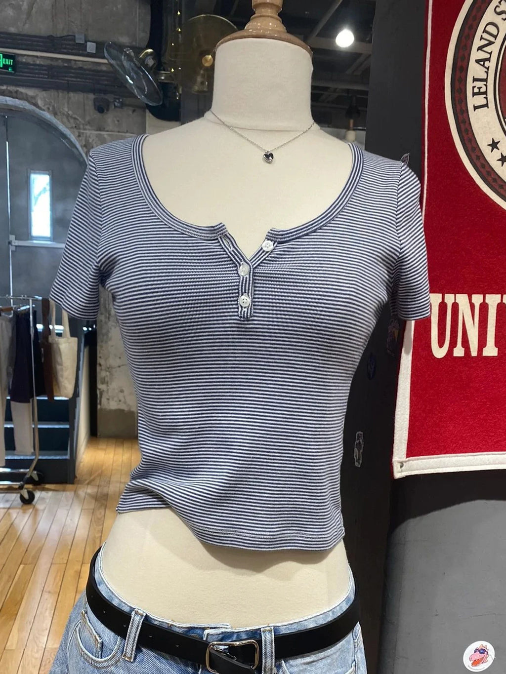 Brooklyn Retro Striped Crop Top – Y2K Ribbed Button Henley Tee