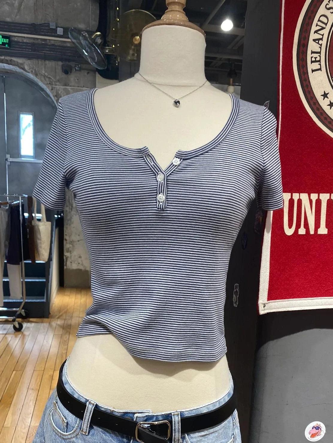 Brooklyn Retro Striped Crop Top – Y2K Ribbed Button Henley Tee