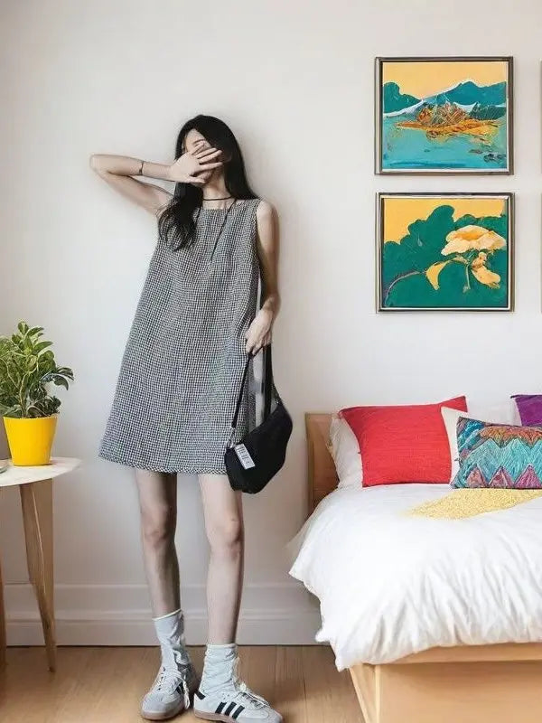 Vintage Plaid Cotton-Linen Vest Dress - Summer Chic