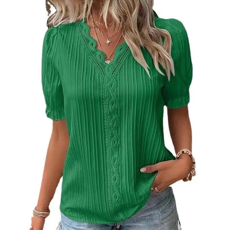 Lace Trim V-Neck Chiffon Blouse
