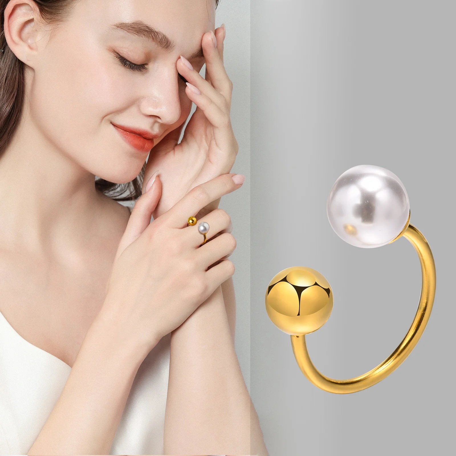 Elegant Double Pearl Open Cuff Ring