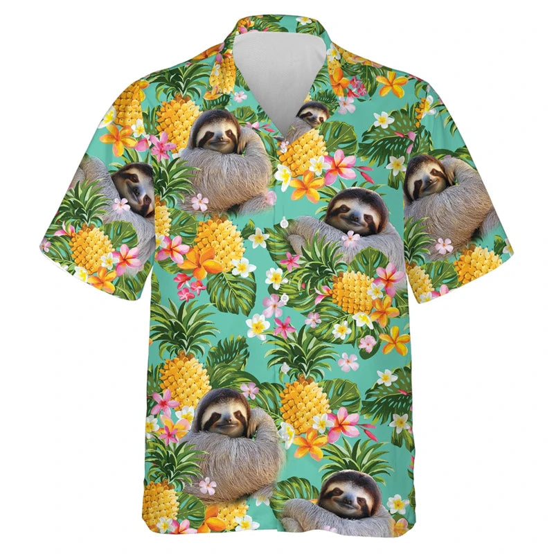 Zalea Sloth Hawaiian Shirt – 3D Printed Tropical Beach Casual Top