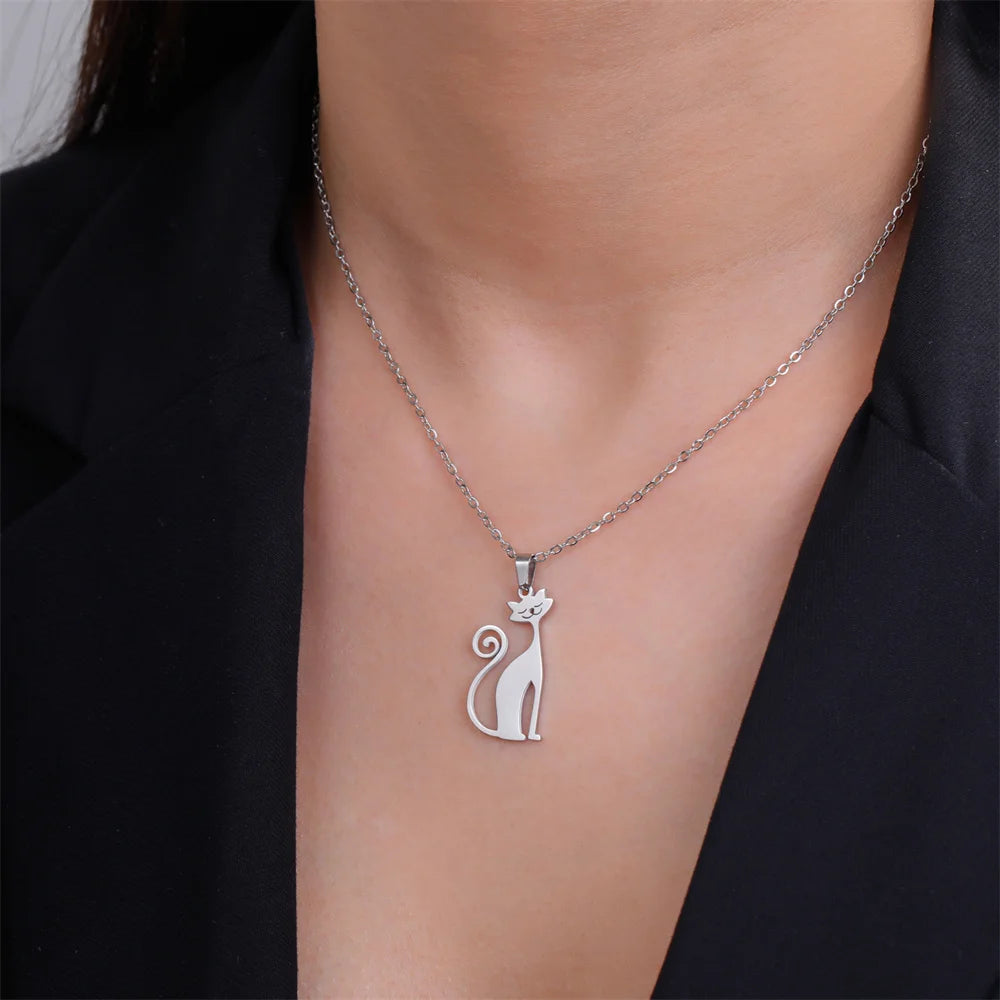 Minimalist Stainless Steel Quirky Long-Tail Cat Pendant Necklace