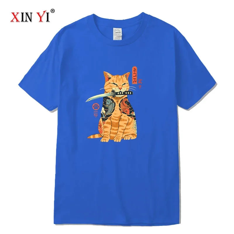 Japanese Style Samurai Cat Graphic Streetwear T-Shirt