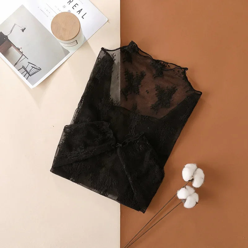 The "Aura Dahlia" Mesh Lace Top – Elegant Floral Mock Neck Bottoming Blouse