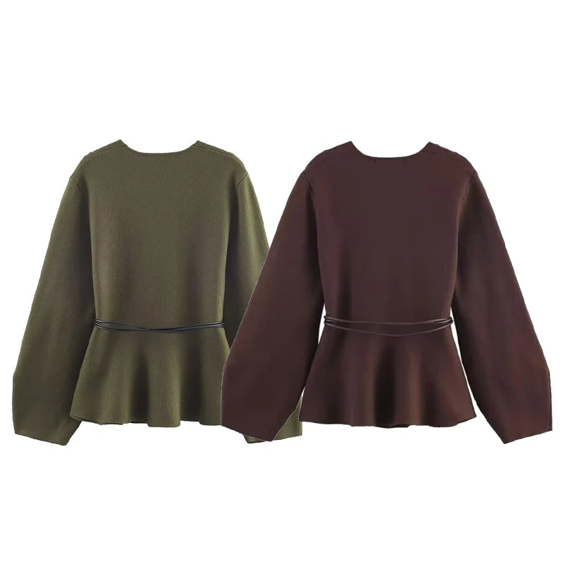 Elegant V-Neck Knitted Peplum Cardigan