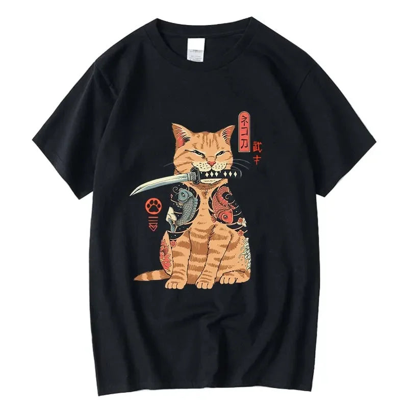 Japanese Style Samurai Cat Graphic Streetwear T-Shirt