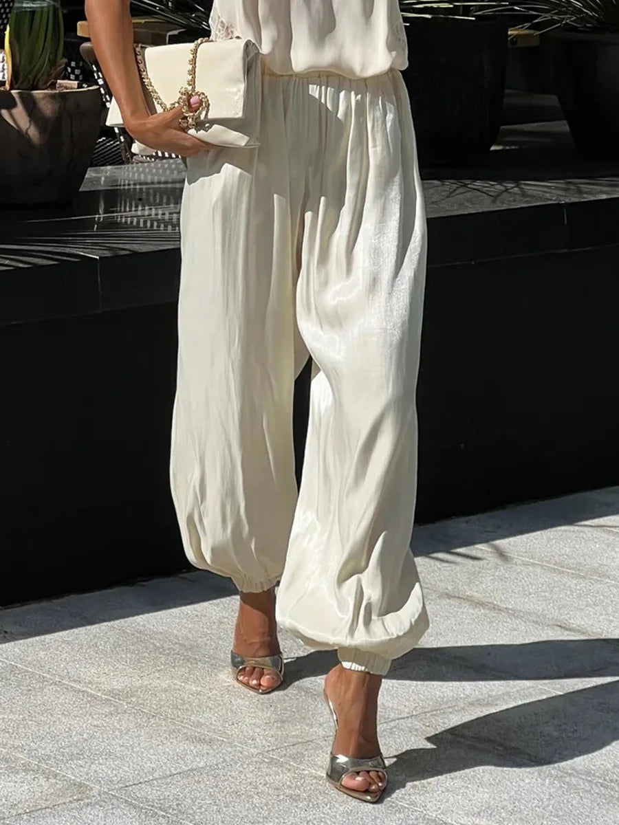 Glossy Satin Street-Style Pants - Low Rise