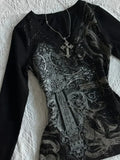 Raven Grunge V-Neck Graphic Tee – Vintage Y2K Punk Aesthetic