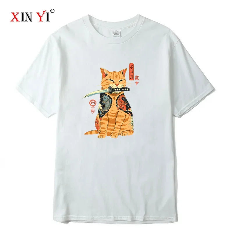 Japanese Style Samurai Cat Graphic Streetwear T-Shirt