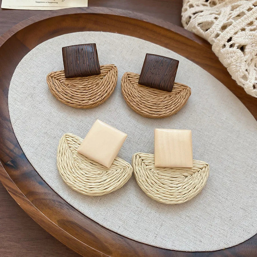 The "Aura Tropic-Weave" Boho Earrings – Retro Semicircle Raffia & Wooden Dangle Jewelry