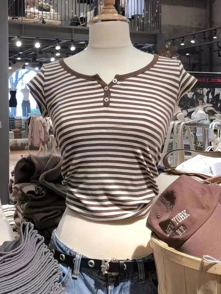Brooklyn Retro Striped Crop Top – Y2K Ribbed Button Henley Tee
