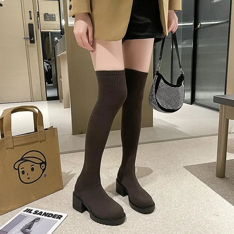 Women's Over-the-Knee Platform Boots - Elastic Stretch Winter Cowboy-Style Boots
