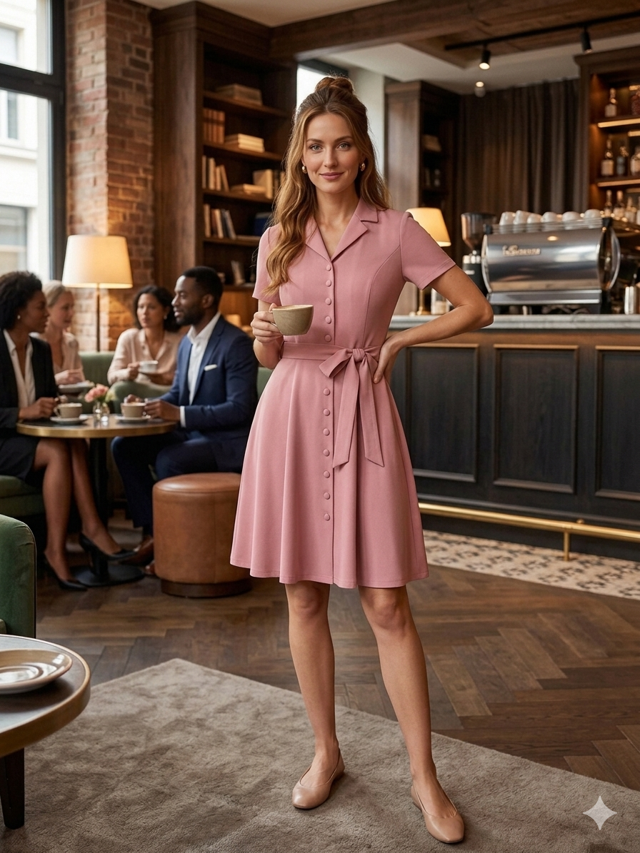 Rose Aura Shirt Dress – Elegant Vintage Button-Down Midi
