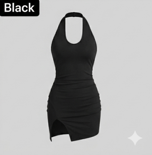 Amara Halter Neck Backless Mini Dress with Side Slit