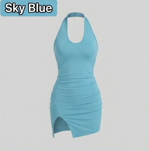 Amara Halter Neck Backless Mini Dress with Side Slit