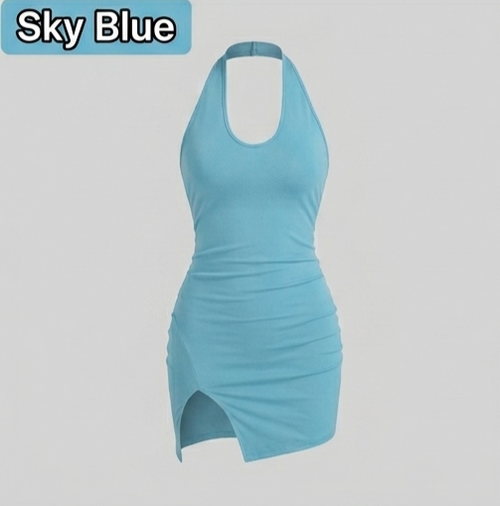 Amara Halter Neck Backless Mini Dress with Side Slit