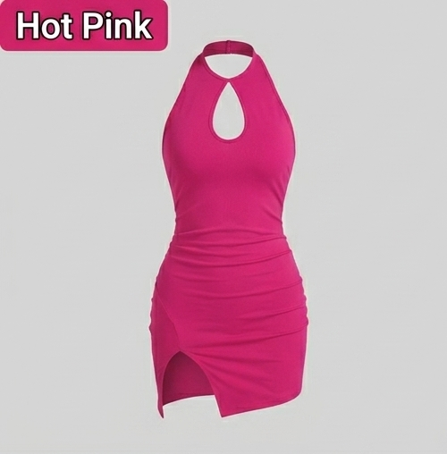 Amara Halter Neck Backless Mini Dress with Side Slit