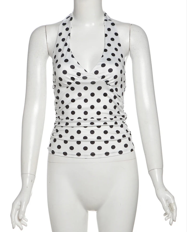 The "Sylcue Retro Dot" Ruched Low-Neck Tank Top